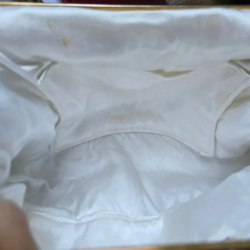 Vintage Rare Handmade E. Grillot Floral Beaded White Ivory Gold Clutch